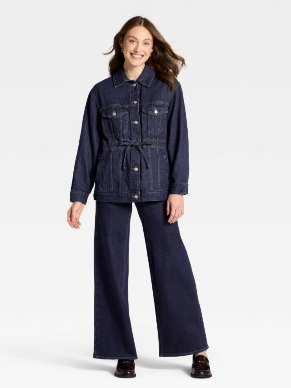 Universal Thread™ Women's Cinched Waist Trucker Denim Jacket - Dark Wash - M - Picture 3 of 10